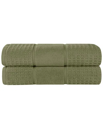 Superior Set Of 2 Zero Twist Cotton Waffle Honeycomb Plush Soft Absorbent Bath  Sheets In Green