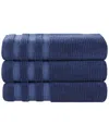 Superior Set Of 3 Brea Zero Twist Cotton Ribbed Geometric Border Plush Bath Towels