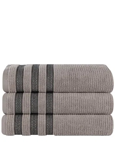 Superior Set Of 3 Brea Zero Twist Cotton Ribbed Geometric Border Plush Bath Towels In Burgundy