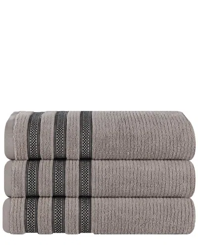 Superior Set Of 3 Brea Zero Twist Cotton Ribbed Geometric Border Plush Bath Towels In Gray
