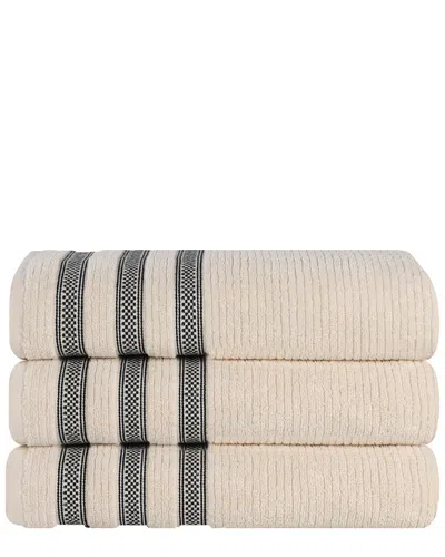 Superior Set Of 3 Brea Zero Twist Cotton Ribbed Geometric Border Plush Bath Towels In Neutral