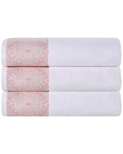 Superior Set Of 3 Medallion Cotton Jacquard Textured Bath Towels In Pink