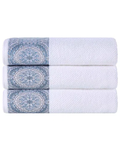 Superior Set Of 3 Medallion Cotton Jacquard Textured Bath Towels In White