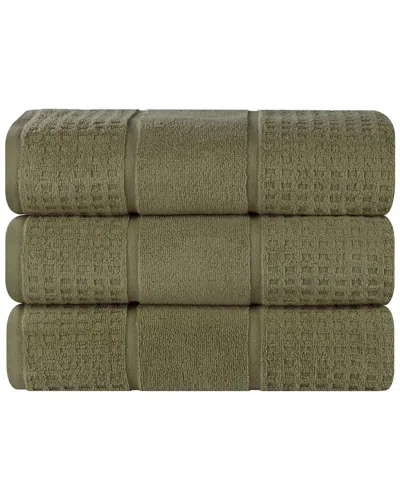 Superior Set Of 3 Zero Twist Cotton Waffle Honeycomb Plush Soft Absorbent Bath Towels In Green