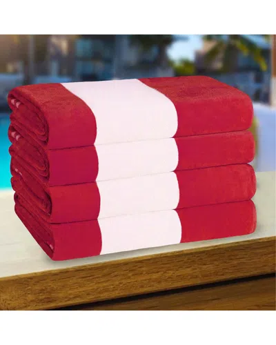 Superior Set Of 4 Cabana Stripe Oversized Cotton Beach Towels In Red