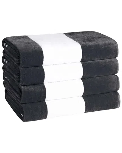 Superior Set Of 4 Cabana Stripe Oversized Cotton Beach Towels In Black