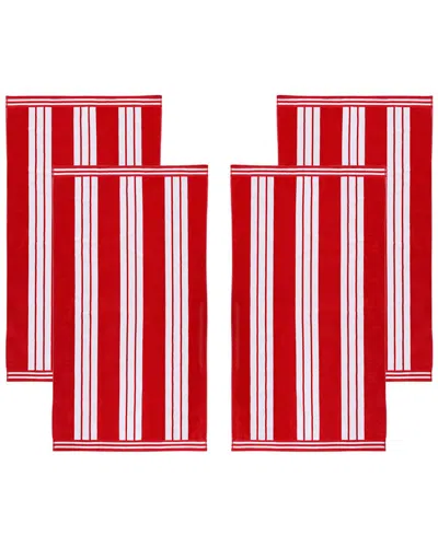Superior Set Of 4 Cabana Stripe Oversized Cotton Beach Towels In Red