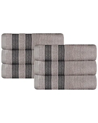 Superior Set Of 6 Brea Zero Twist Cotton Ribbed Geometric Border Plush Hand Towels