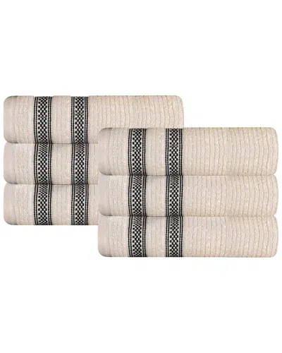 Superior Set Of 6 Brea Zero Twist Cotton Ribbed Geometric Border Plush Hand Towels