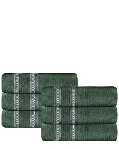 Superior Set Of 6 Brea Zero Twist Cotton Ribbed Geometric Border Plush Hand Towels In Green