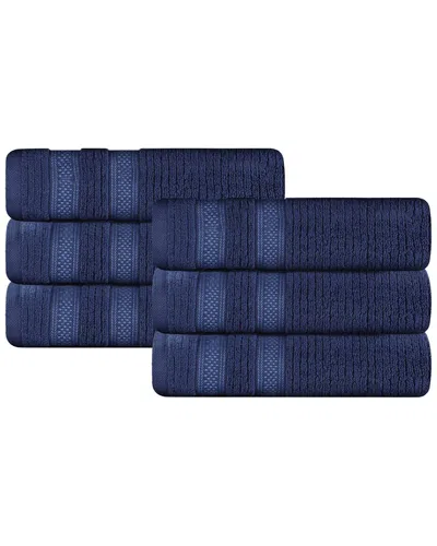 Superior Set Of 6 Brea Zero Twist Cotton Ribbed Geometric Border Plush Hand Towels In Blue
