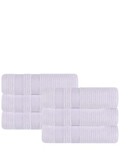 Superior Set Of 6 Brea Zero Twist Cotton Ribbed Geometric Border Plush Hand Towels In White