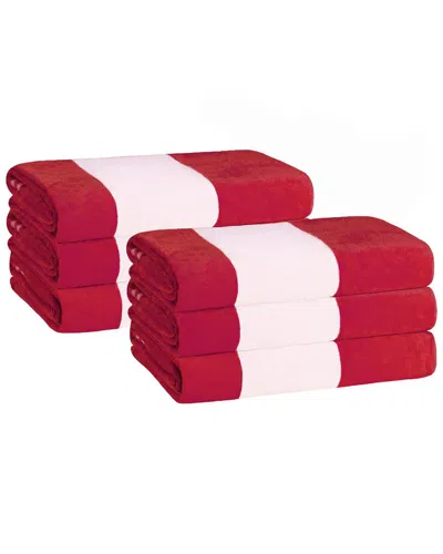 Superior Set Of 6 Cabana Stripe Oversized Cotton Beach Towels In Red