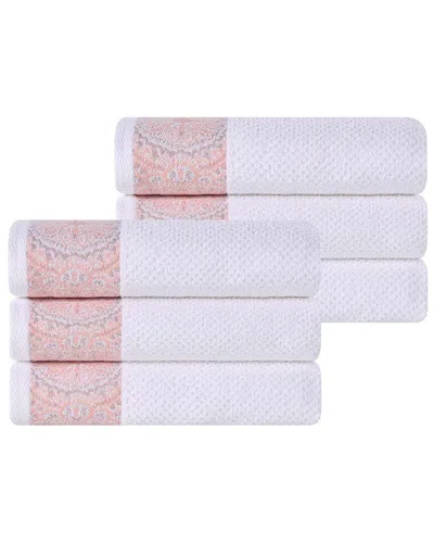Superior Set Of 6 Medallion Cotton Jacquard Textured Hand Towels In White