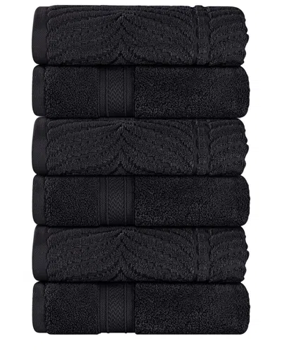 Superior Set Of 6 Zero Twist Cotton Elegant Chevron Soft Absorbent Assorted Hand Towels In Black
