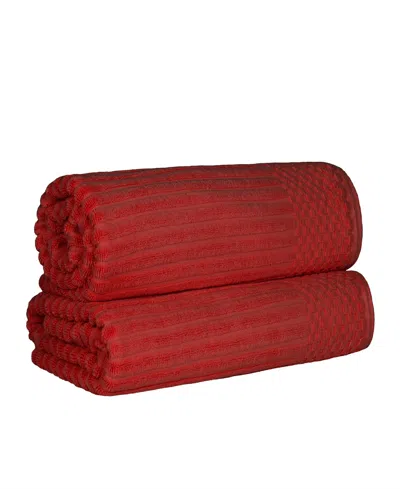 Superior Soho Checkered Border Cotton 2 Piece Bath Sheet Set, 68" X 34" In Burgundy