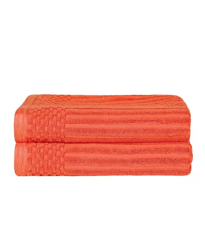 Superior Soho Checkered Border Cotton 2 Piece Bath Towel Set, 54" X 27" In Coral