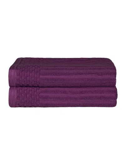 Superior Soho Checkered Border Cotton 2 Piece Bath Towel Set, 54" X 27" In Plum