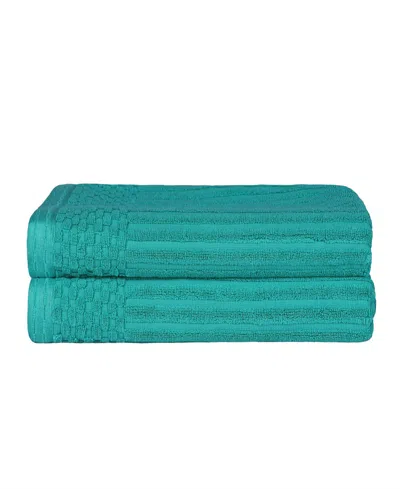Superior Soho Checkered Border Cotton 2 Piece Bath Towel Set, 54" X 27" In Turquoise