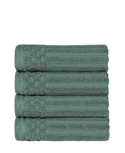 Superior Soho Checkered Border Cotton 4 Piece Cotton Hand Towel Set, 28" X 16" In Basil