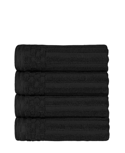 Superior Soho Checkered Border Cotton 4 Piece Cotton Hand Towel Set, 28" X 16" In Black