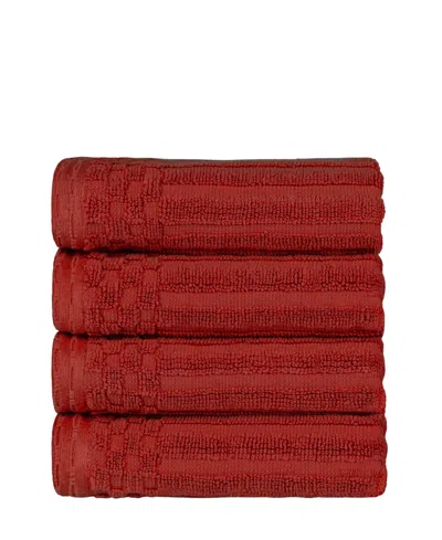 Superior Soho Checkered Border Cotton 4 Piece Cotton Hand Towel Set, 28" X 16" In Burgundy