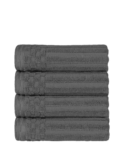 Superior Soho Checkered Border Cotton 4 Piece Cotton Hand Towel Set, 28" X 16" In Charcoal