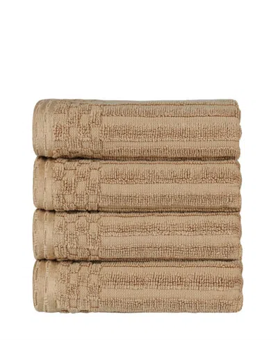 Superior Soho Checkered Border Cotton 4 Piece Cotton Hand Towel Set, 28" X 16" In Coffee