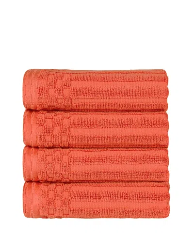 Superior Soho Checkered Border Cotton 4 Piece Cotton Hand Towel Set, 28" X 16" In Coral