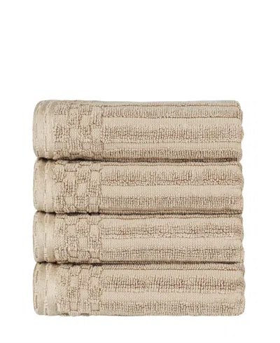 Superior Soho Checkered Border Cotton 4 Piece Cotton Hand Towel Set, 28" X 16" In Ivory