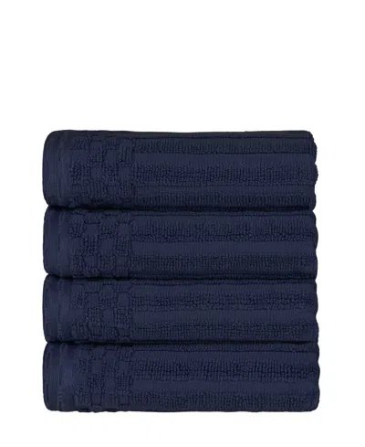 Superior Soho Checkered Border Cotton 4 Piece Cotton Hand Towel Set, 28" X 16" In Navy Blue