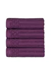 Superior Soho Checkered Border Cotton 4 Piece Cotton Hand Towel Set, 28" X 16" In Plum