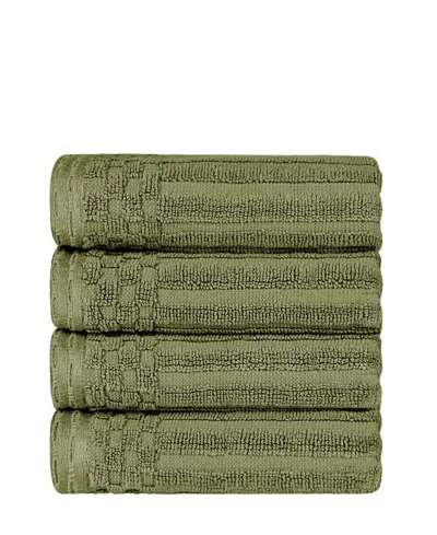 Superior Soho Checkered Border Cotton 4 Piece Cotton Hand Towel Set, 28" X 16" In Sage