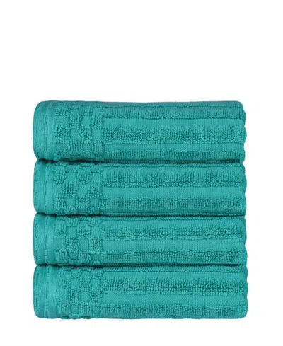 Superior Soho Checkered Border Cotton 4 Piece Cotton Hand Towel Set, 28" X 16" In Turquoise