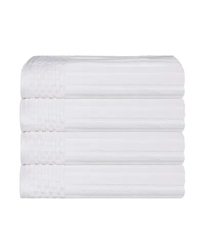 Superior Soho Checkered Border Cotton 4 Piece Cotton Hand Towel Set, 28" X 16" In White