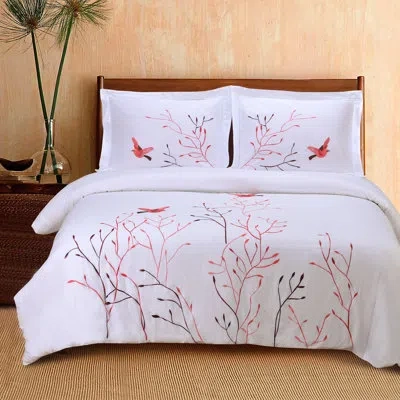 Superior Swallow Embroidered Cotton Duvet Cover Set In Red