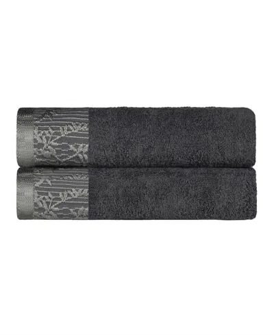 Superior Wisteria Floral Embroidered Jacquard Border Cotton Bath Towel Set, 2 Pieces In Gray