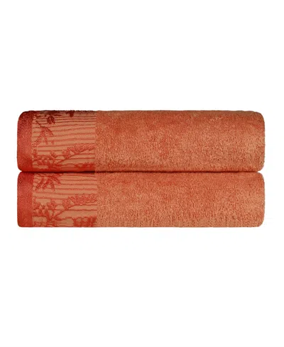 Superior Wisteria Floral Embroidered Jacquard Border Cotton 2 Pieces Bath Towel Set In Mandarian