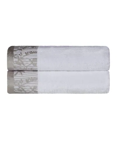 Superior Wisteria Floral Embroidered Jacquard Border Cotton 2 Pieces Bath Towel Set In White