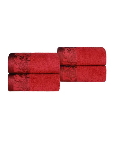 Superior Wisteria Floral Embroidered Jacquard Border Cotton 4 Piece Hand Towel Sets In Garnet