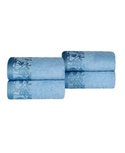 Superior Wisteria Floral Embroidered Jacquard Border Cotton Bath Towel Sets In Blue