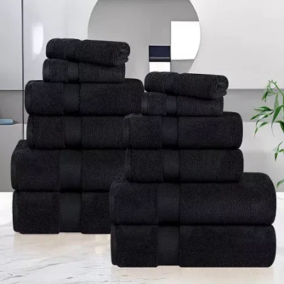 Superior Zero Twist Cotton 12pc Chevron Towel Set 12-pc. Quick Dry Bath Towel Set In Black
