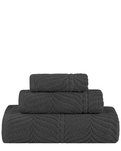 Superior Zero Twist Cotton Elegant Chevron Soft Absorbent 3pc Jacquard Towel Set In Black