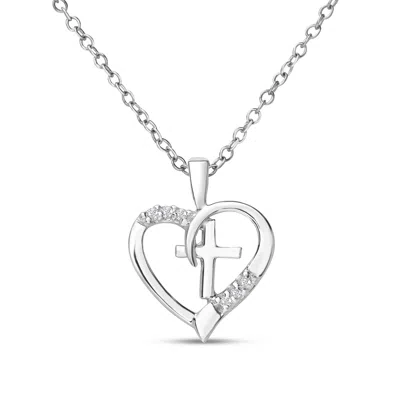 Superjeweler 0.03 Carat Diamond Cross And Heart Necklace In Sterling Silver With Free Chain, 18 Inches