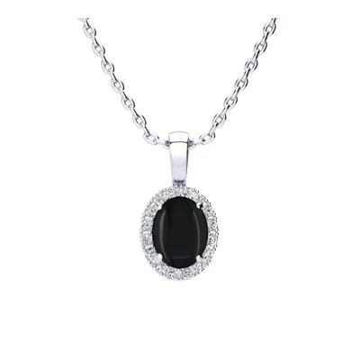 Superjeweler 1 1/4 Carat Oval Shape Gemstone And Halo Diamond Necklace In Sterling Silver With 18 Inch Chain In Black