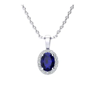 Superjeweler 1 1/4 Carat Oval Shape Gemstone And Halo Diamond Necklace In Sterling Silver With 18 Inch Chain In Blue