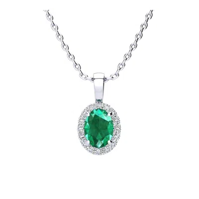 Superjeweler 1 1/4 Carat Oval Shape Gemstone And Halo Diamond Necklace In Sterling Silver With 18 Inch Chain In Gold
