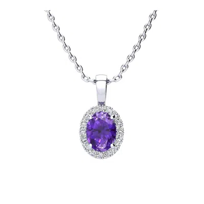 Superjeweler 1 1/4 Carat Oval Shape Gemstone And Halo Diamond Necklace In Sterling Silver With 18 Inch Chain In Green