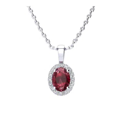 Superjeweler 1 1/4 Carat Oval Shape Gemstone And Halo Diamond Necklace In Sterling Silver With 18 Inch Chain In Red