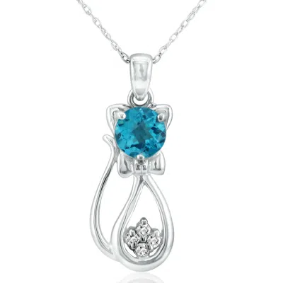 Superjeweler 1 Carat Gemstone And Diamond Cat Necklace In Sterling Silver With 18 Inch Chain In Blue